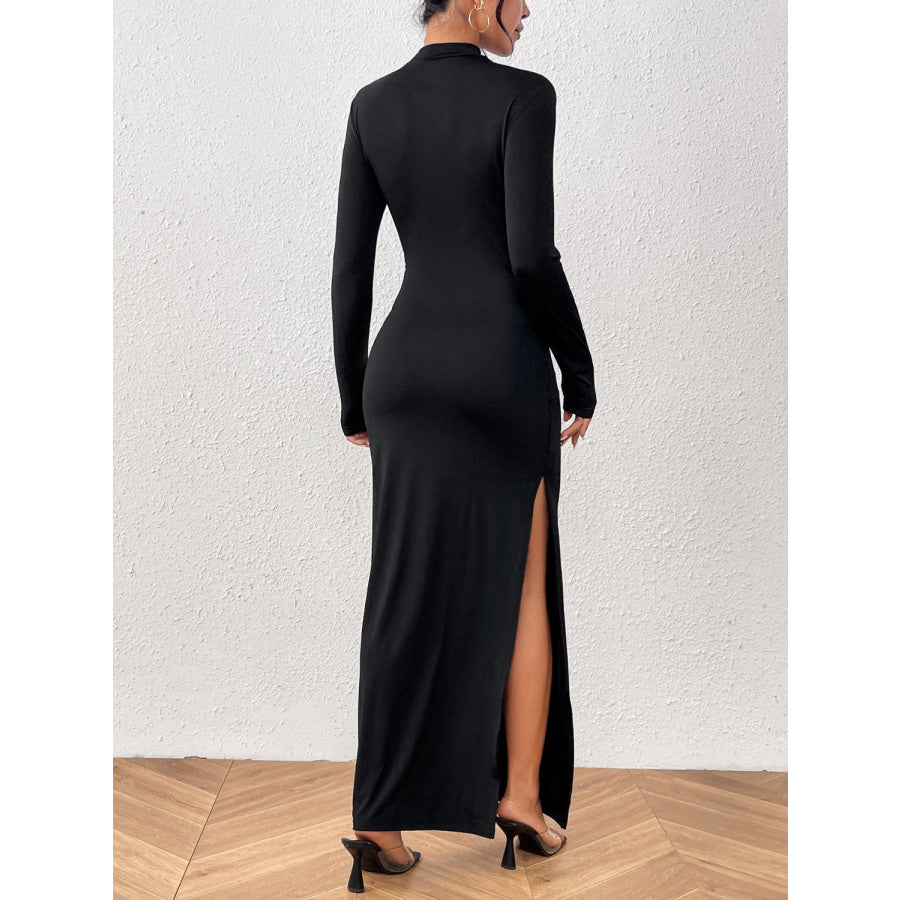 Slit Mock Neck Long Sleeve Maxi Dress Apparel and Accessories