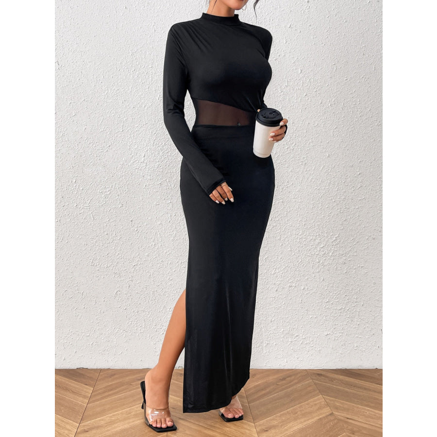 Slit Mock Neck Long Sleeve Maxi Dress Apparel and Accessories