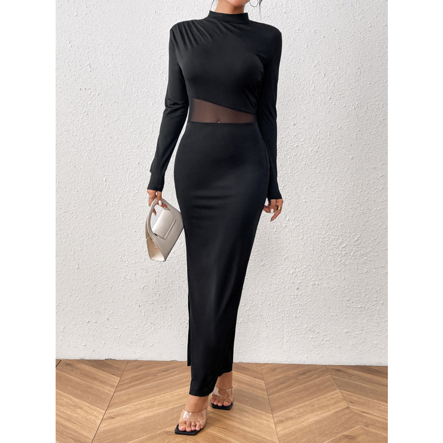 Slit Mock Neck Long Sleeve Maxi Dress Black / S Apparel and Accessories