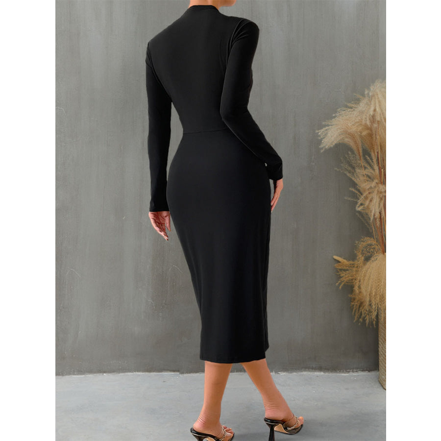 Slit Mock Neck Long Sleeve Midi Dress Apparel and Accessories