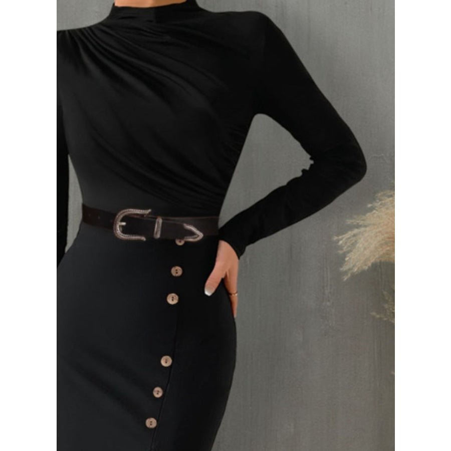 Slit Mock Neck Long Sleeve Midi Dress Apparel and Accessories