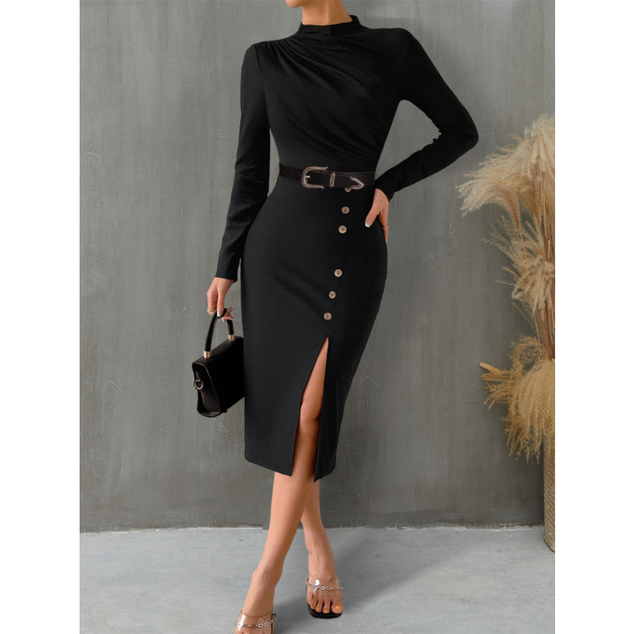 Slit Mock Neck Long Sleeve Midi Dress Black / S Apparel and Accessories