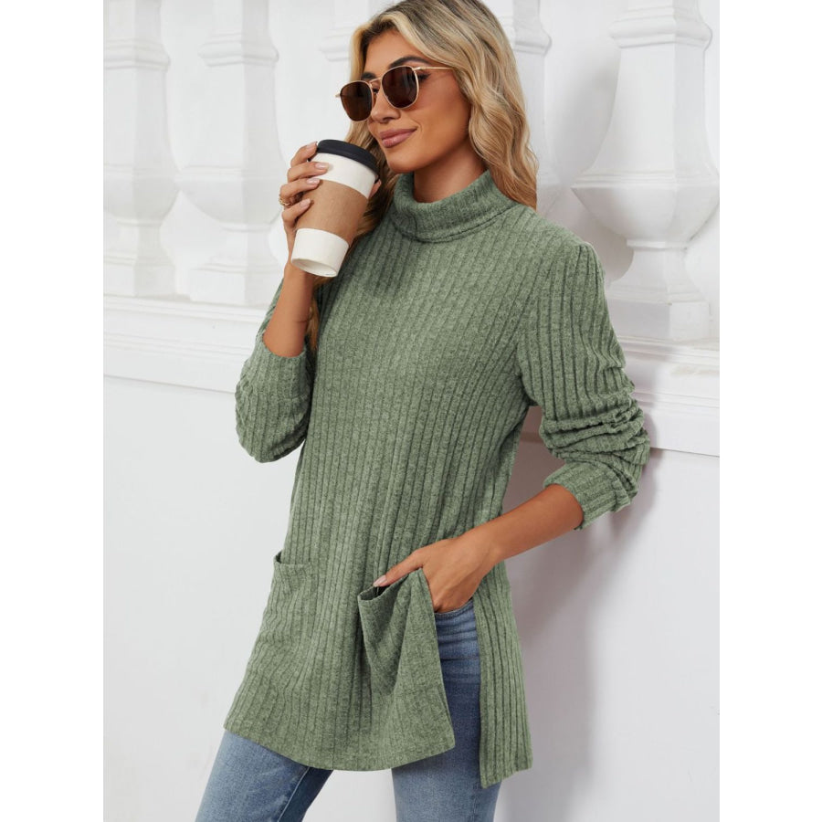 Slit Mock Neck Long Sleeve T-Shirt Apparel and Accessories