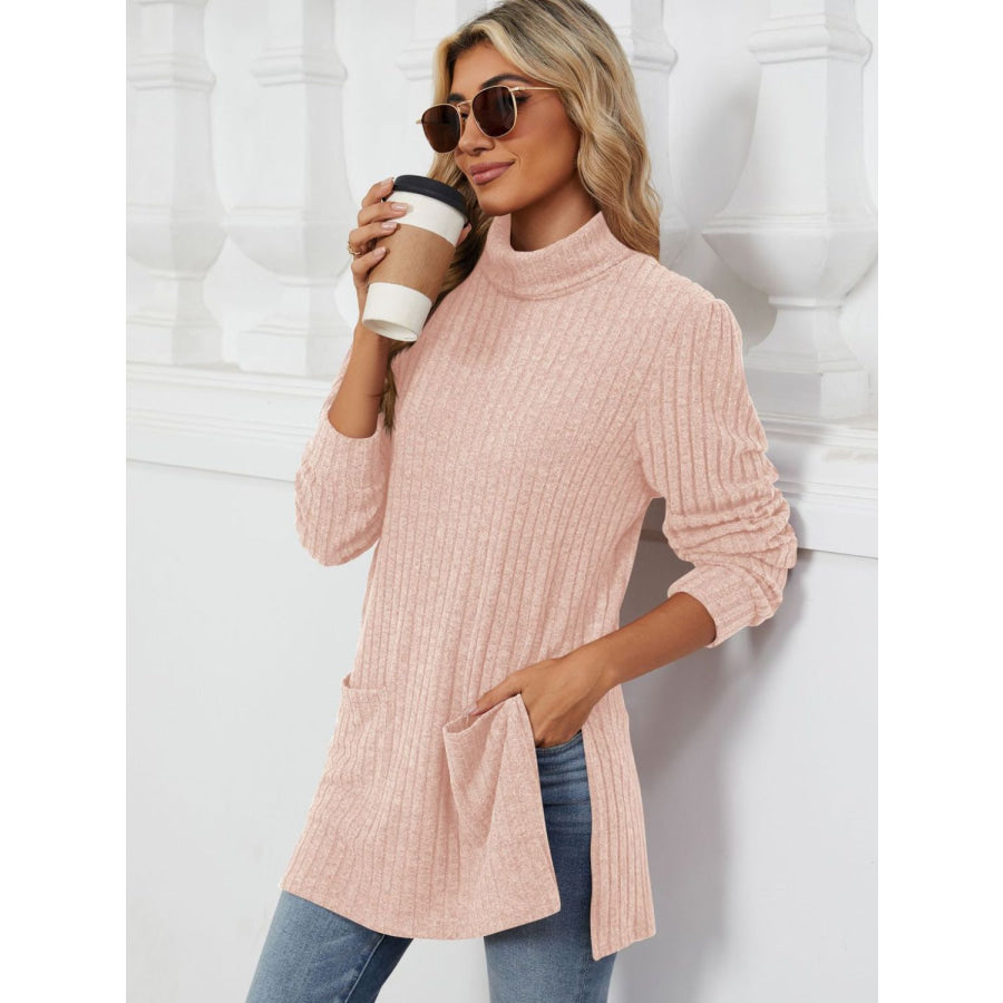 Slit Mock Neck Long Sleeve T-Shirt Apparel and Accessories