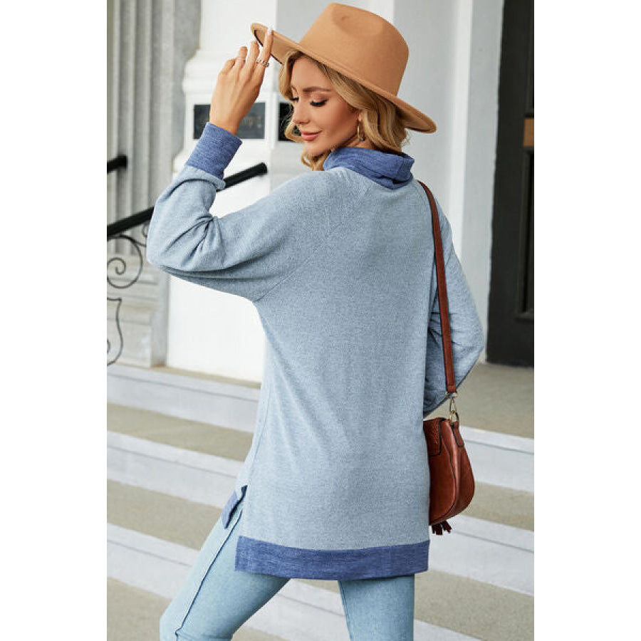 Slit Mock Neck Long Sleeve T - Shirt Pastel Blue / S Apparel and Accessories