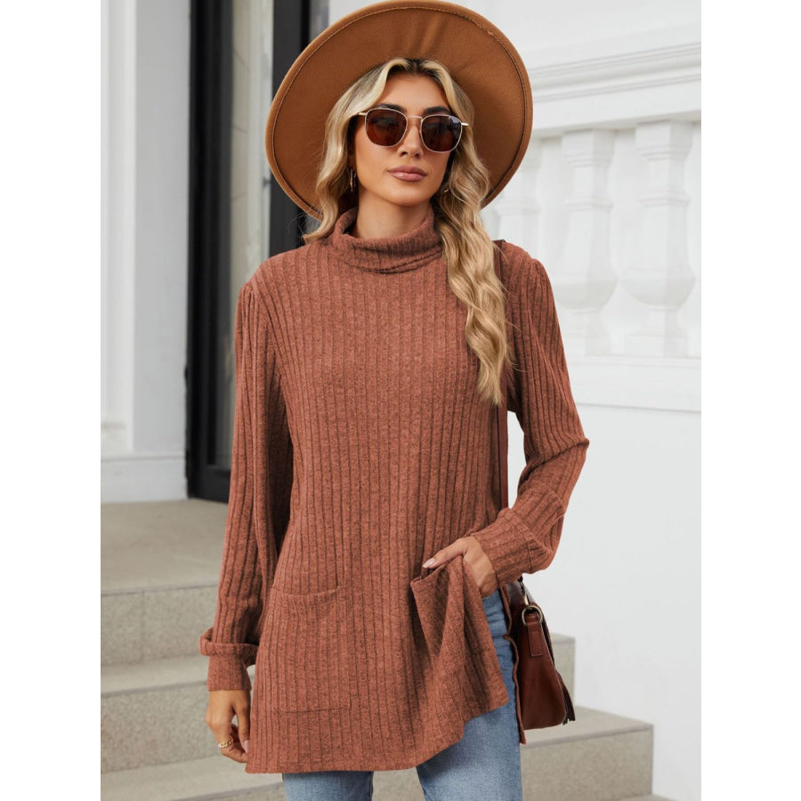 Slit Mock Neck Long Sleeve T-Shirt Apparel and Accessories