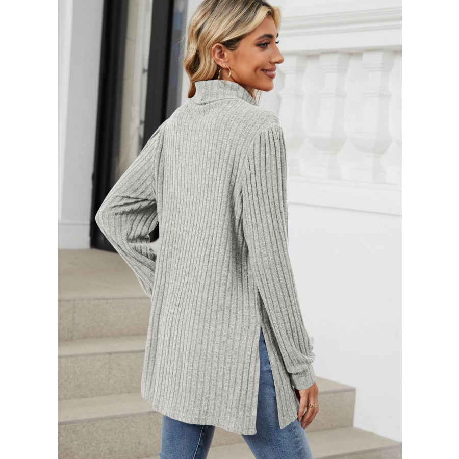 Slit Mock Neck Long Sleeve T-Shirt Apparel and Accessories