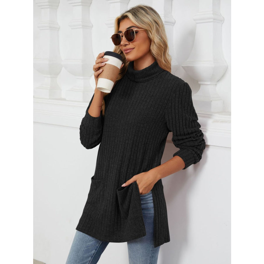 Slit Mock Neck Long Sleeve T-Shirt Apparel and Accessories