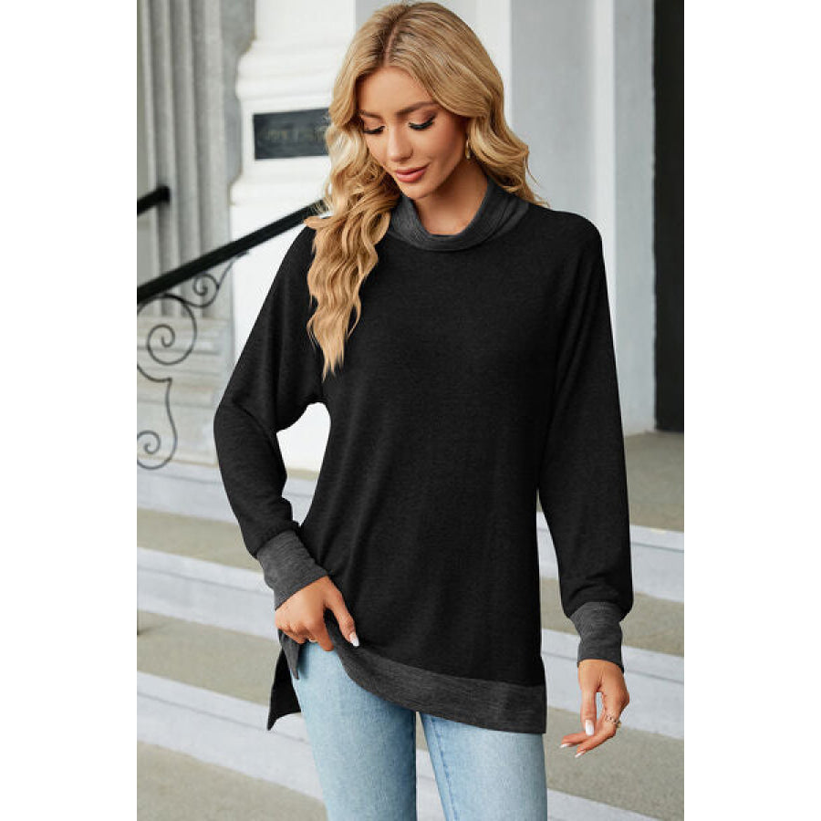 Slit Mock Neck Long Sleeve T - Shirt Apparel and Accessories