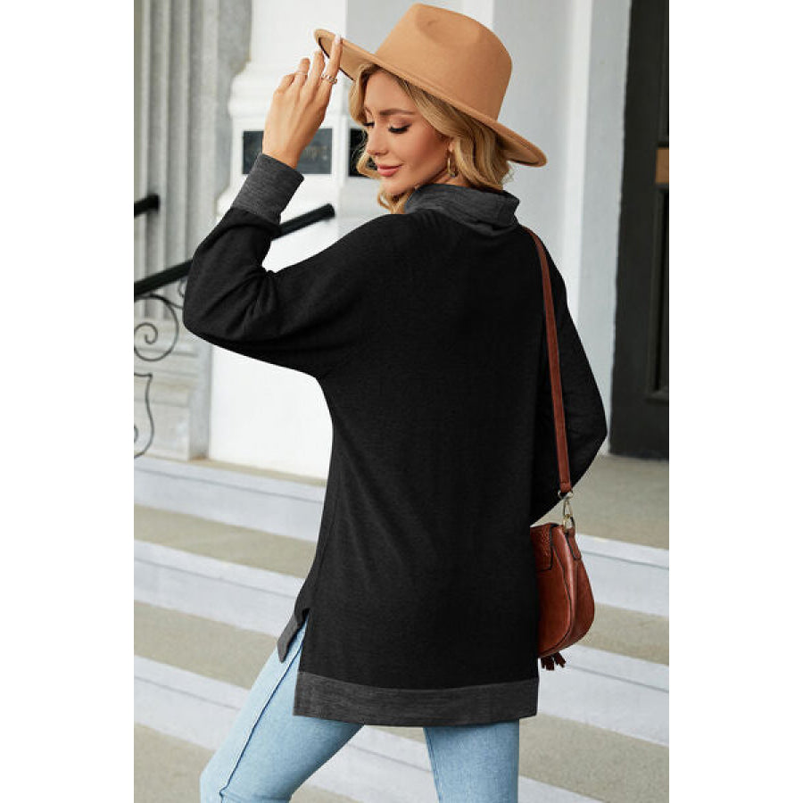 Slit Mock Neck Long Sleeve T - Shirt Apparel and Accessories