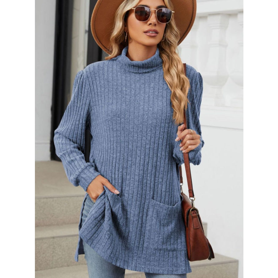 Slit Mock Neck Long Sleeve T-Shirt Apparel and Accessories