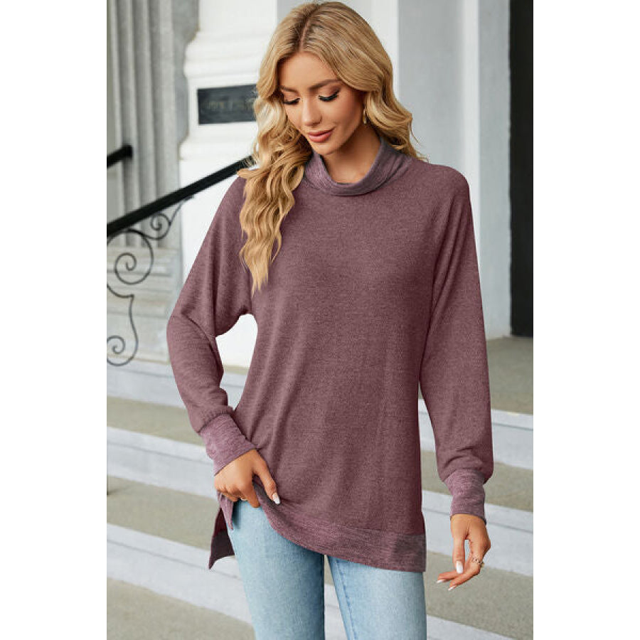 Slit Mock Neck Long Sleeve T - Shirt Apparel and Accessories