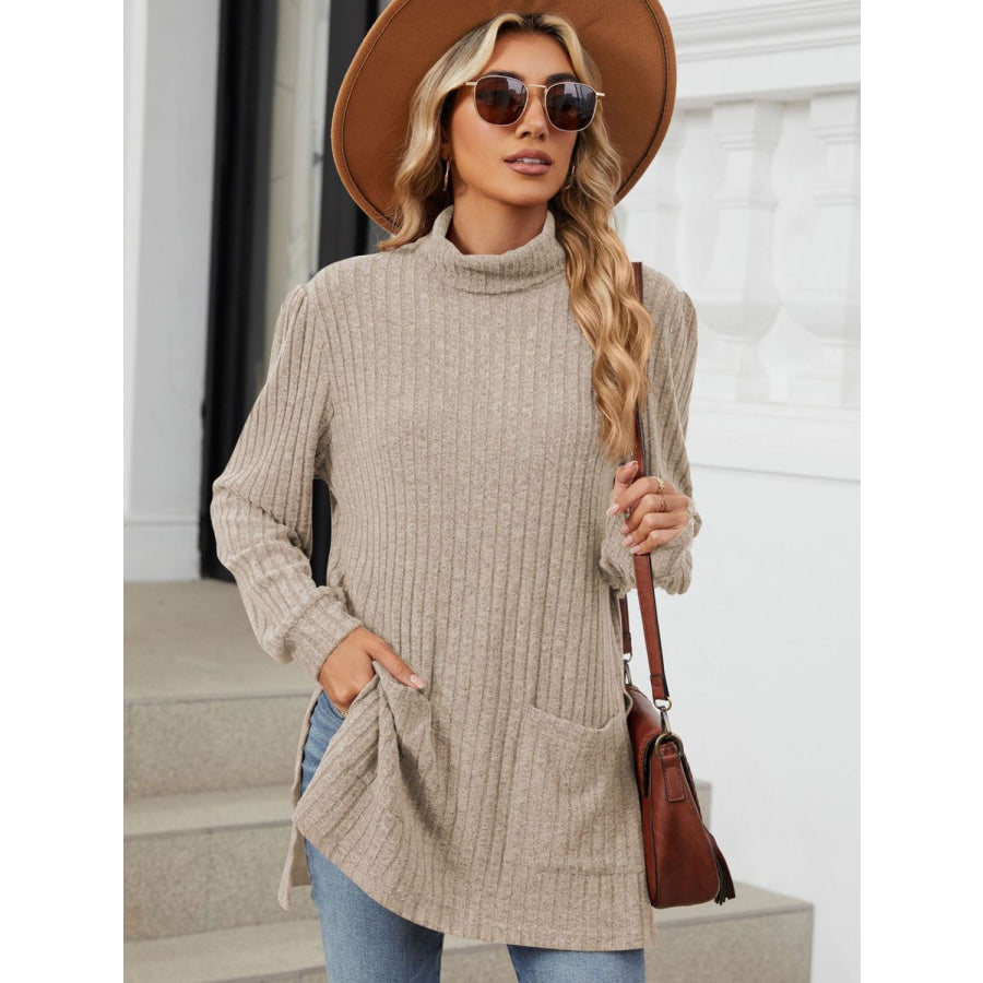 Slit Mock Neck Long Sleeve T-Shirt Apparel and Accessories