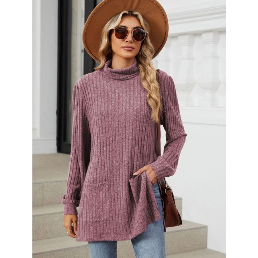 Slit Mock Neck Long Sleeve T-Shirt Apparel and Accessories