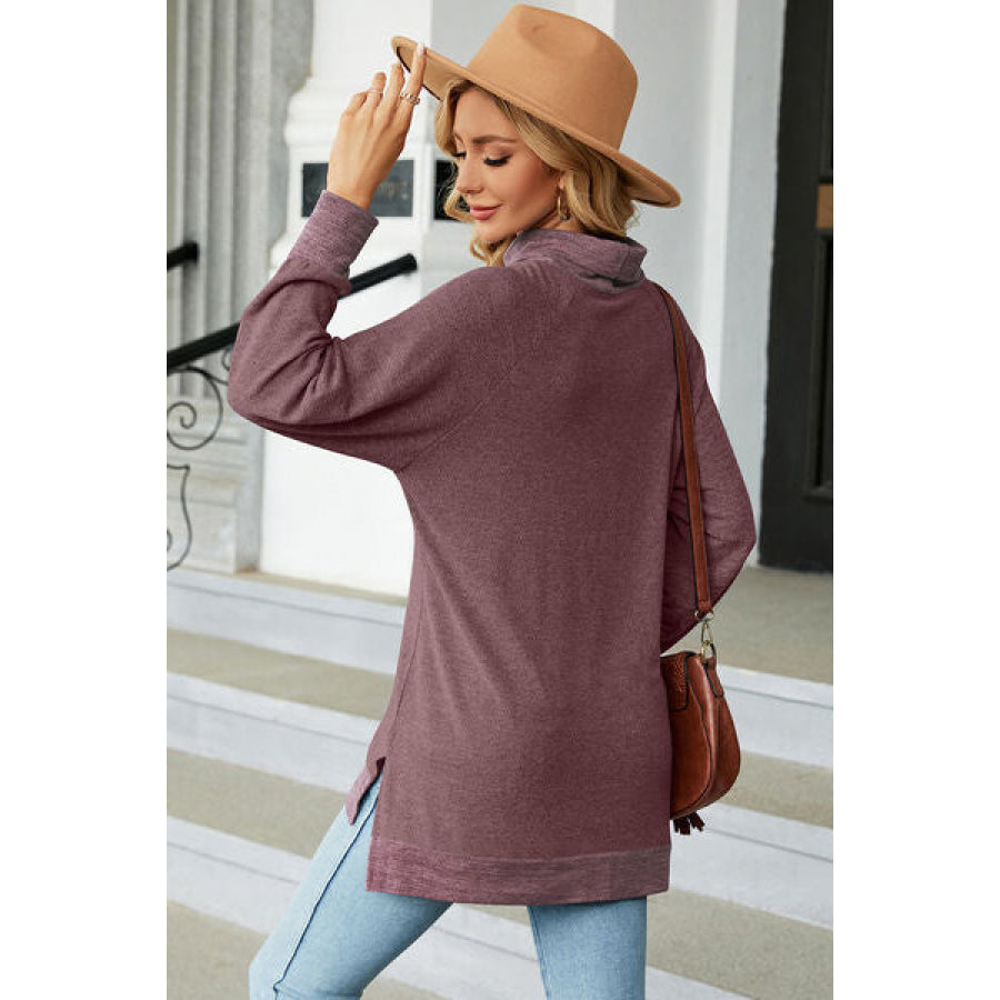 Slit Mock Neck Long Sleeve T - Shirt Apparel and Accessories