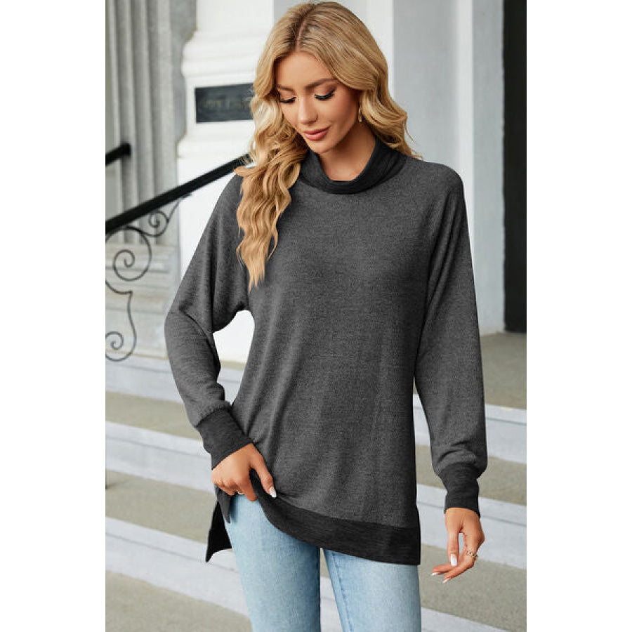 Slit Mock Neck Long Sleeve T - Shirt Apparel and Accessories