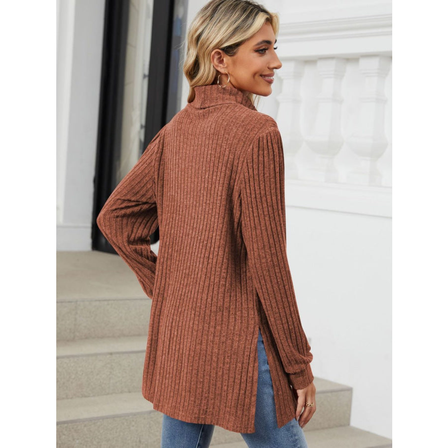 Slit Mock Neck Long Sleeve T-Shirt Apparel and Accessories