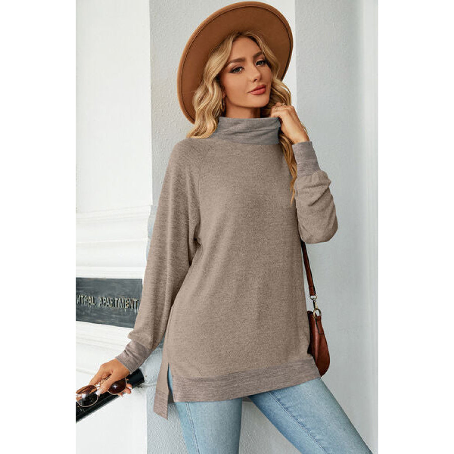 Slit Mock Neck Long Sleeve T - Shirt Apparel and Accessories