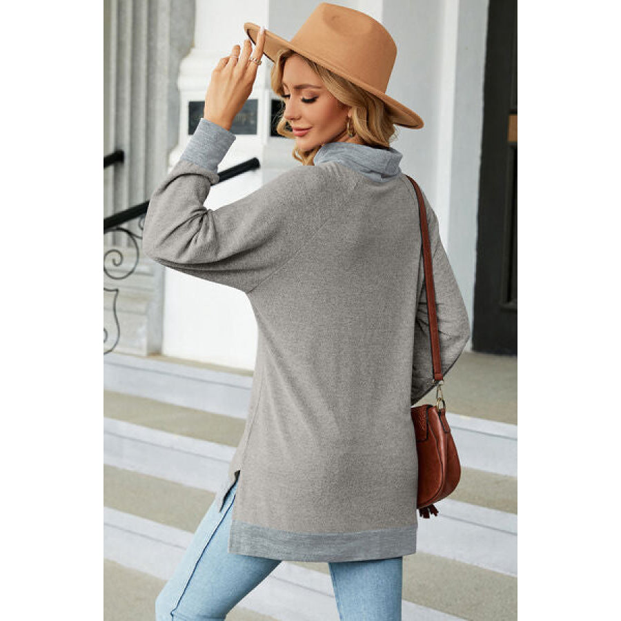 Slit Mock Neck Long Sleeve T - Shirt Apparel and Accessories