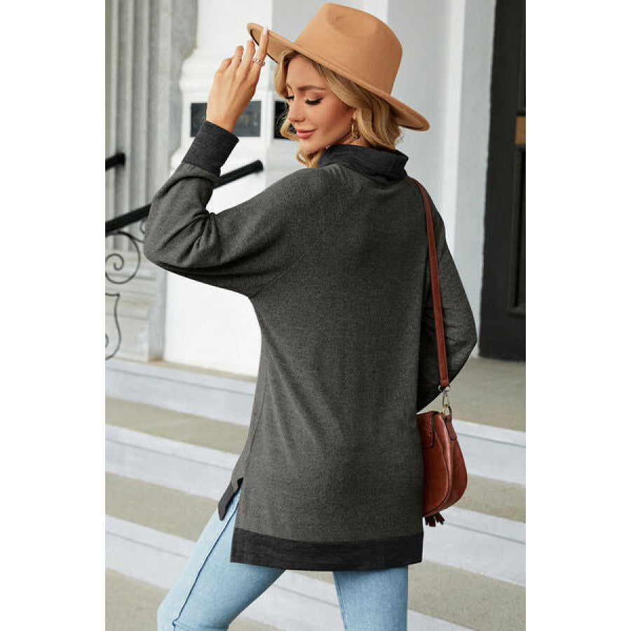 Slit Mock Neck Long Sleeve T - Shirt Apparel and Accessories