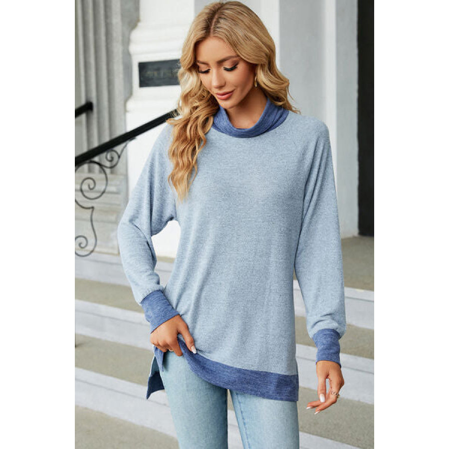 Slit Mock Neck Long Sleeve T - Shirt Apparel and Accessories