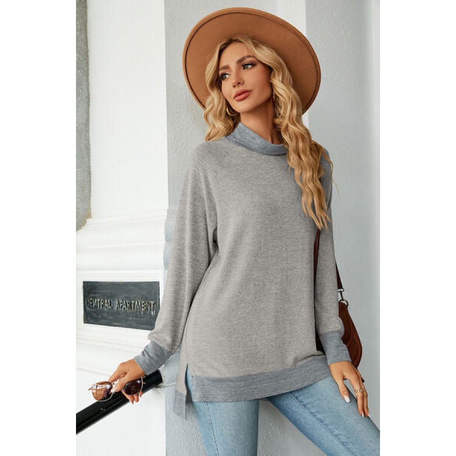 Slit Mock Neck Long Sleeve T - Shirt Apparel and Accessories