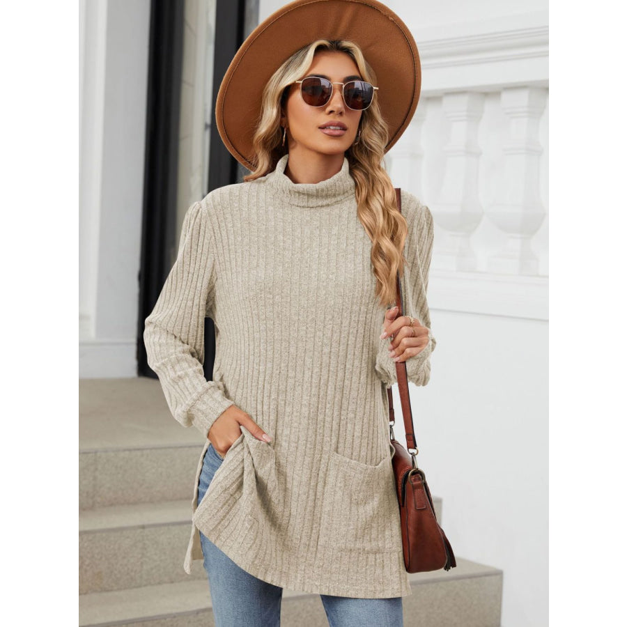 Slit Mock Neck Long Sleeve T-Shirt Apparel and Accessories