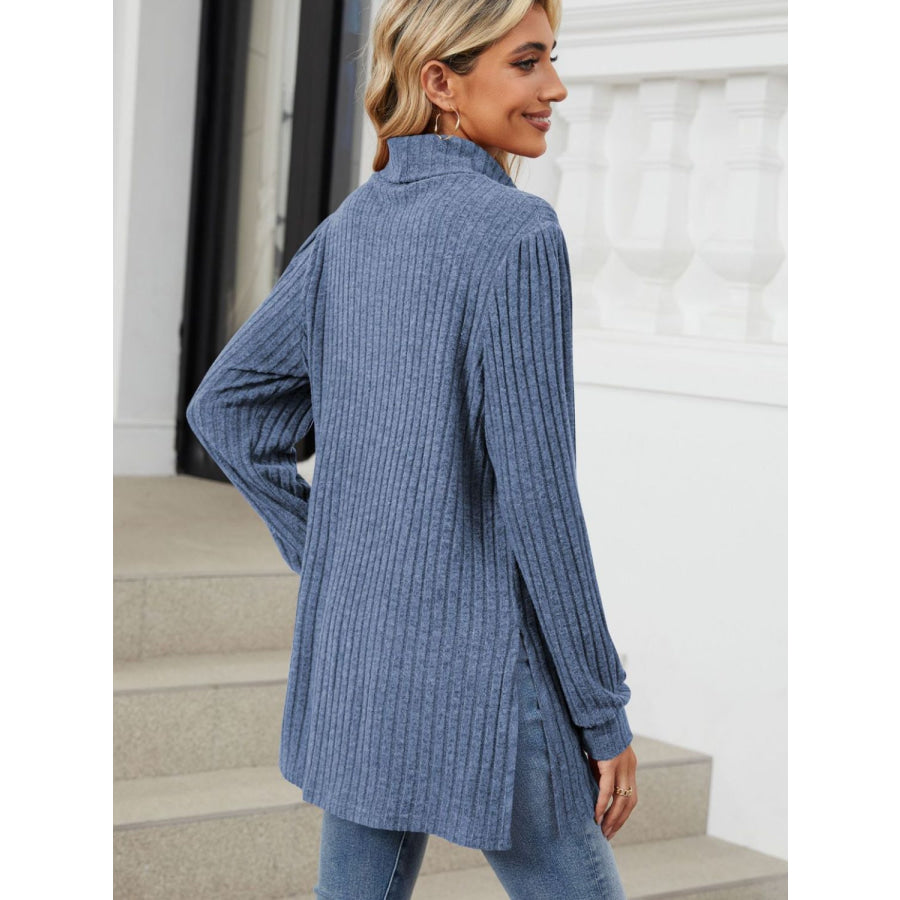 Slit Mock Neck Long Sleeve T-Shirt Dusty Blue / S Apparel and Accessories