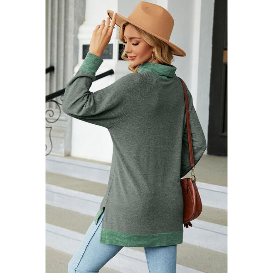 Slit Mock Neck Long Sleeve T - Shirt Apparel and Accessories