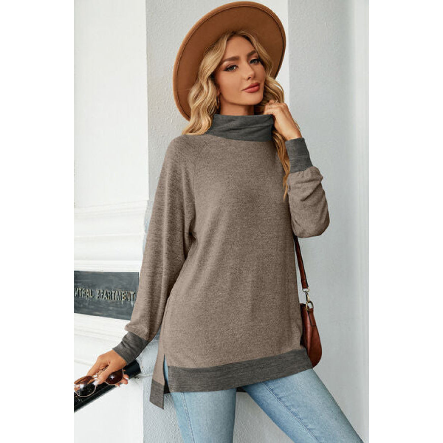 Slit Mock Neck Long Sleeve T - Shirt Apparel and Accessories