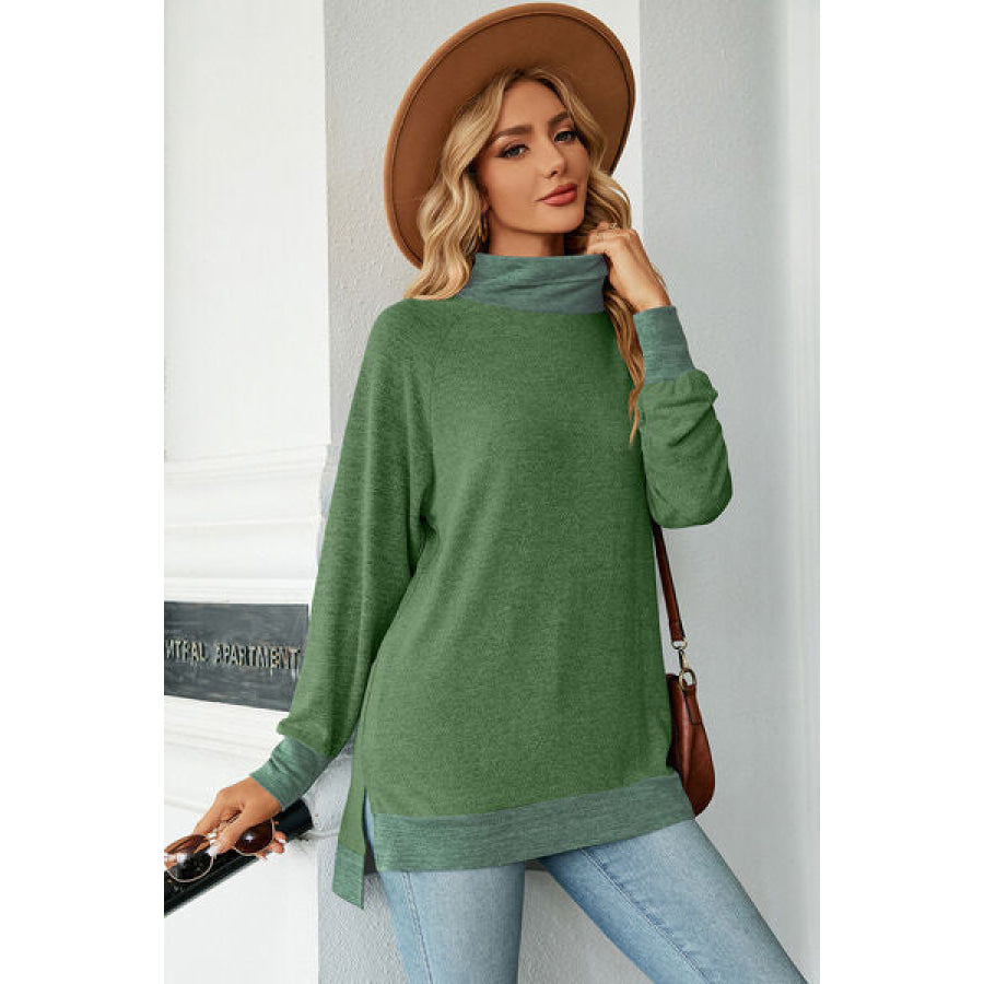 Slit Mock Neck Long Sleeve T - Shirt Apparel and Accessories