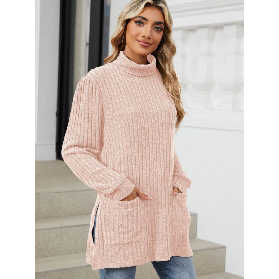 Slit Mock Neck Long Sleeve T-Shirt Apparel and Accessories