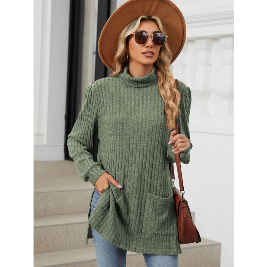 Slit Mock Neck Long Sleeve T-Shirt Apparel and Accessories