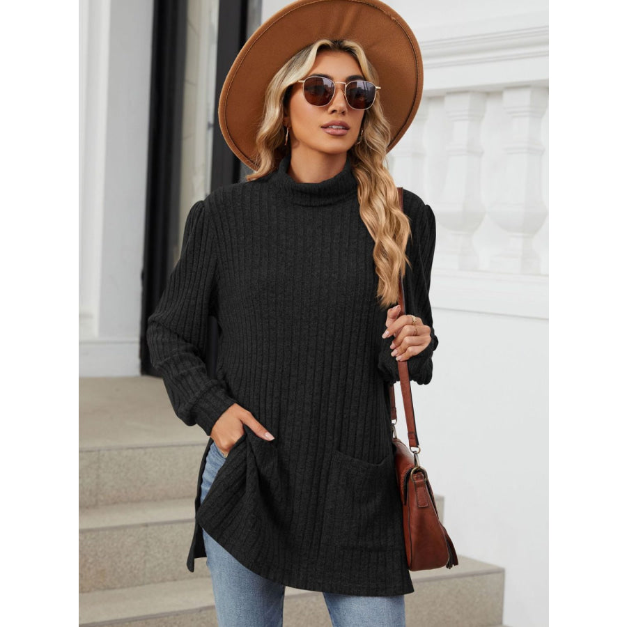 Slit Mock Neck Long Sleeve T-Shirt Black / S Apparel and Accessories