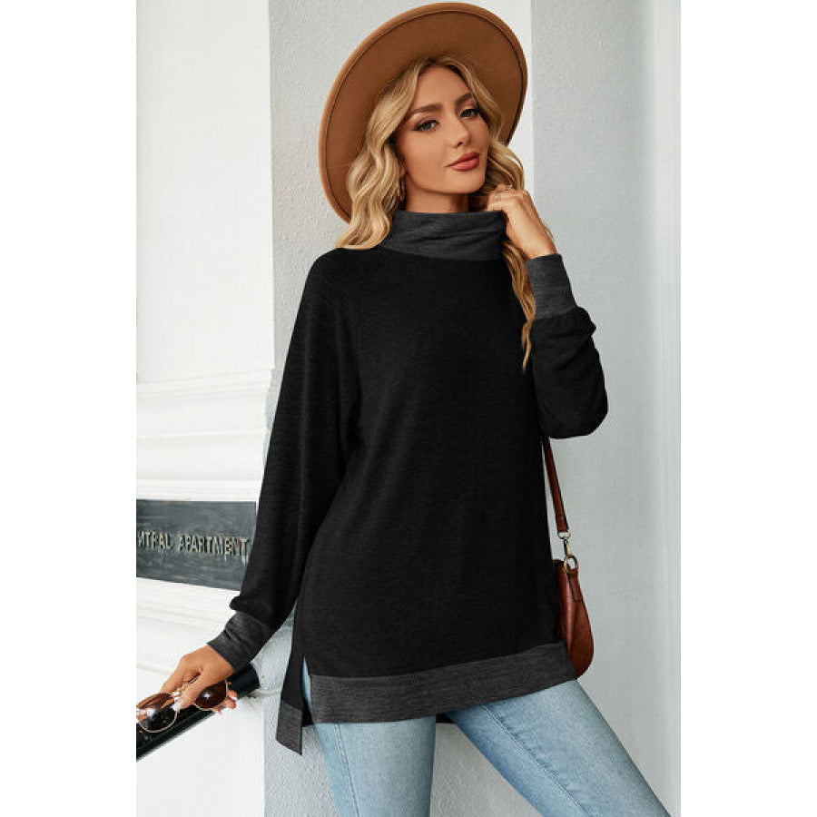 Slit Mock Neck Long Sleeve T - Shirt Black / S Apparel and Accessories