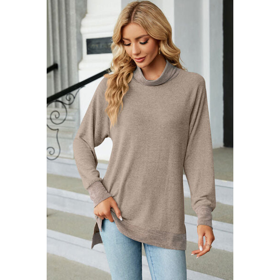 Slit Mock Neck Long Sleeve T - Shirt Camel / S Apparel and Accessories