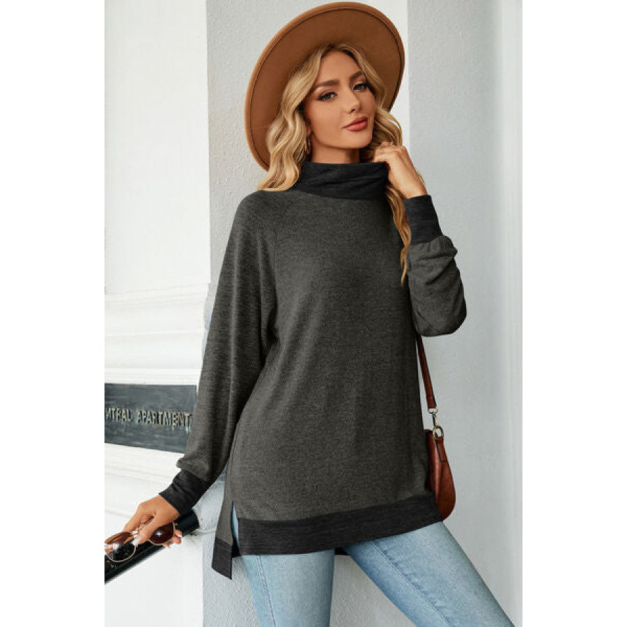 Slit Mock Neck Long Sleeve T - Shirt Charcoal / S Apparel and Accessories