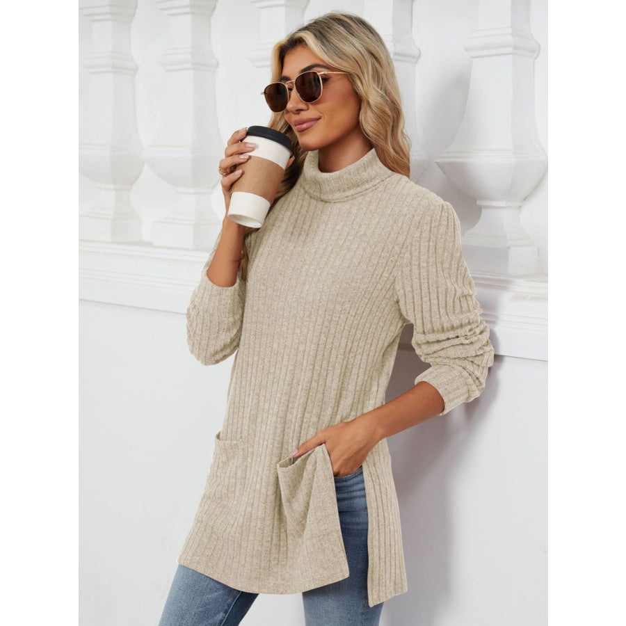 Slit Mock Neck Long Sleeve T-Shirt Cream / S Apparel and Accessories