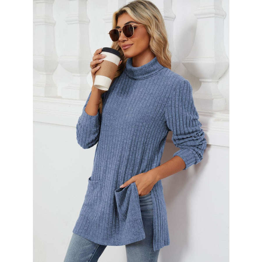 Slit Mock Neck Long Sleeve T-Shirt Dusty Blue / S Apparel and Accessories