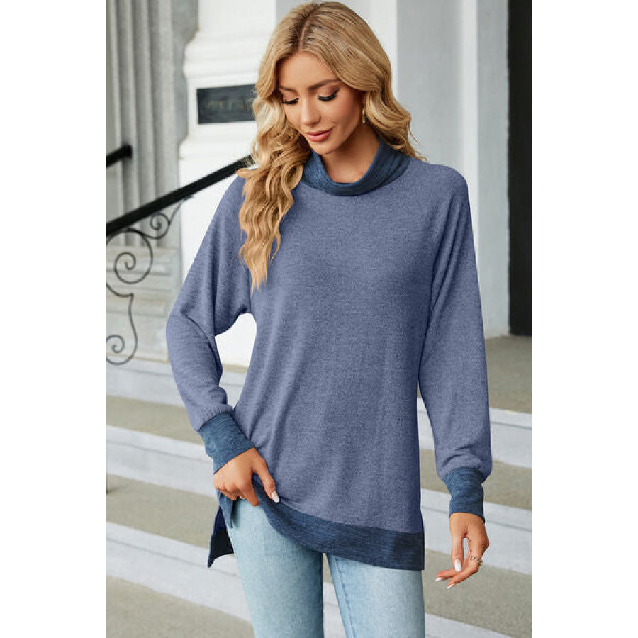 Slit Mock Neck Long Sleeve T - Shirt Dusty Blue / S Apparel and Accessories