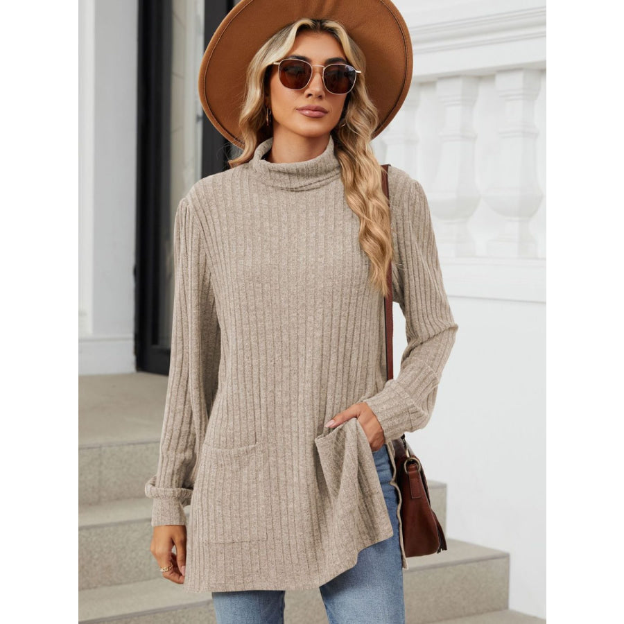 Slit Mock Neck Long Sleeve T-Shirt Khaki / S Apparel and Accessories