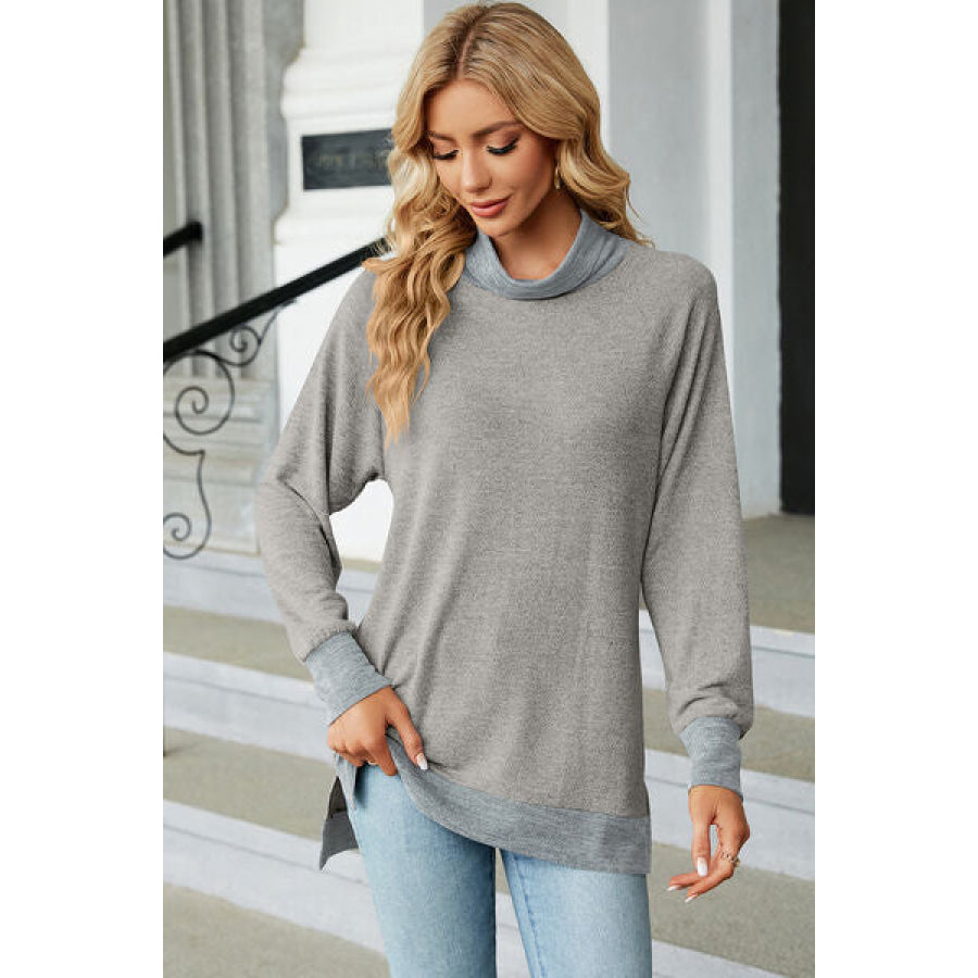 Slit Mock Neck Long Sleeve T - Shirt Light Gray / S Apparel and Accessories