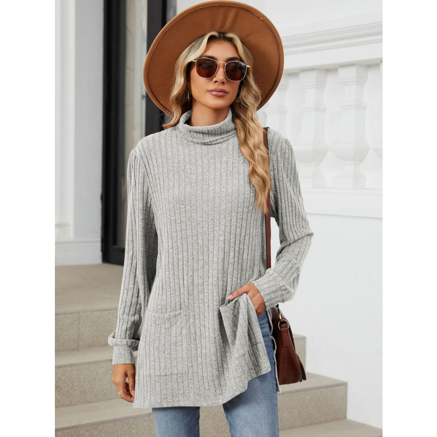 Slit Mock Neck Long Sleeve T-Shirt Light Gray / S Apparel and Accessories