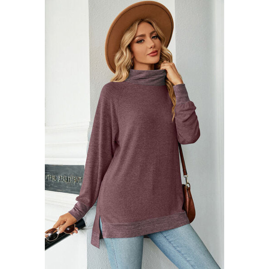 Slit Mock Neck Long Sleeve T - Shirt Magenta / S Apparel and Accessories