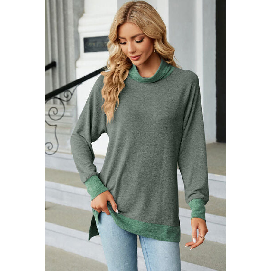 Slit Mock Neck Long Sleeve T - Shirt Matcha Green / S Apparel and Accessories