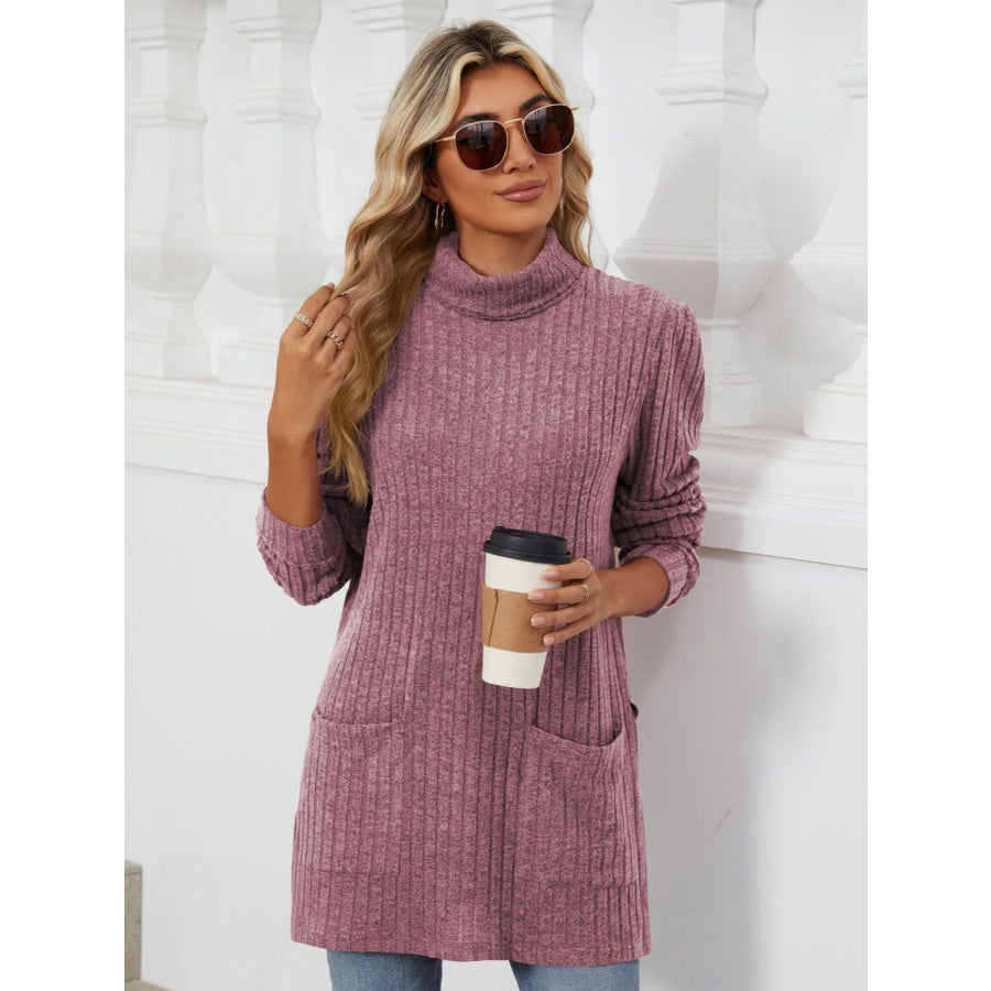 Slit Mock Neck Long Sleeve T-Shirt Mauve / S Apparel and Accessories