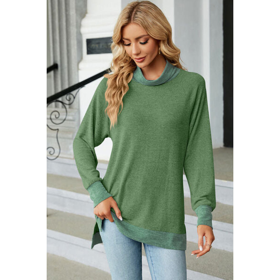 Slit Mock Neck Long Sleeve T - Shirt Mid Green / S Apparel and Accessories