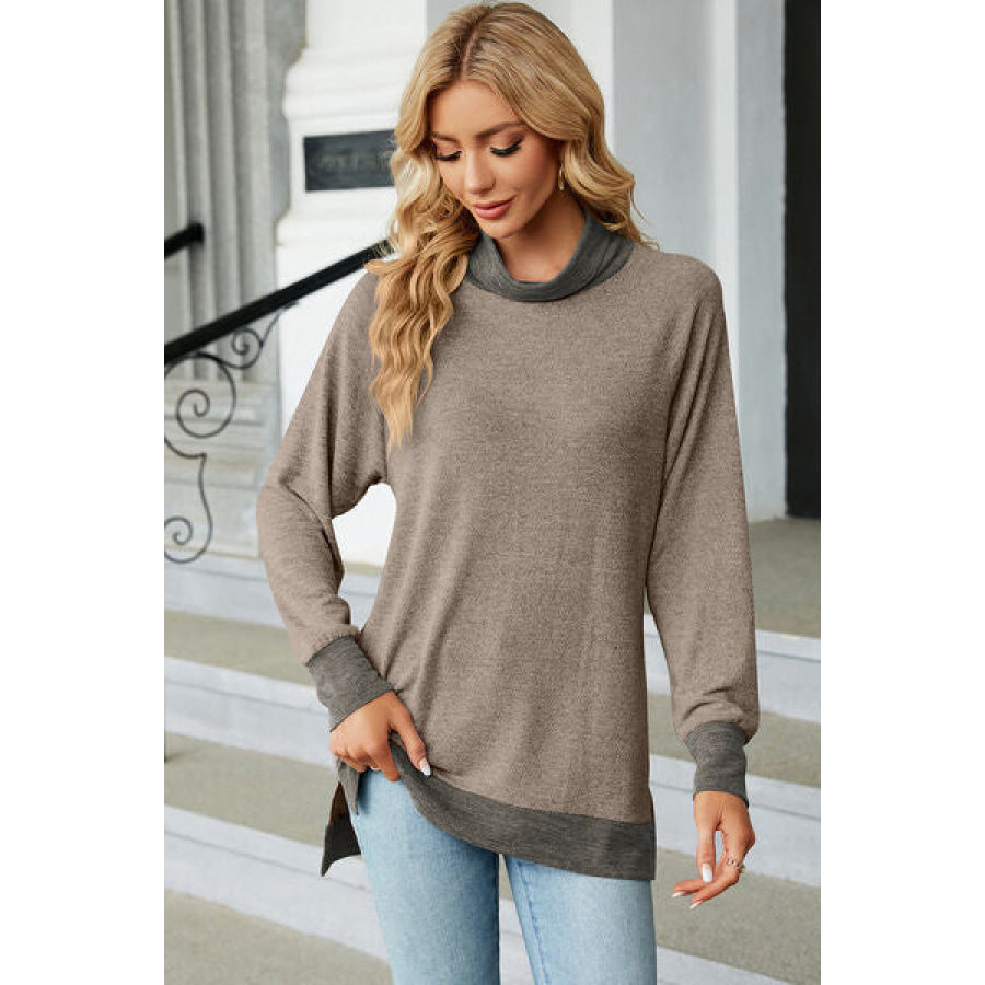 Slit Mock Neck Long Sleeve T - Shirt Mocha / S Apparel and Accessories