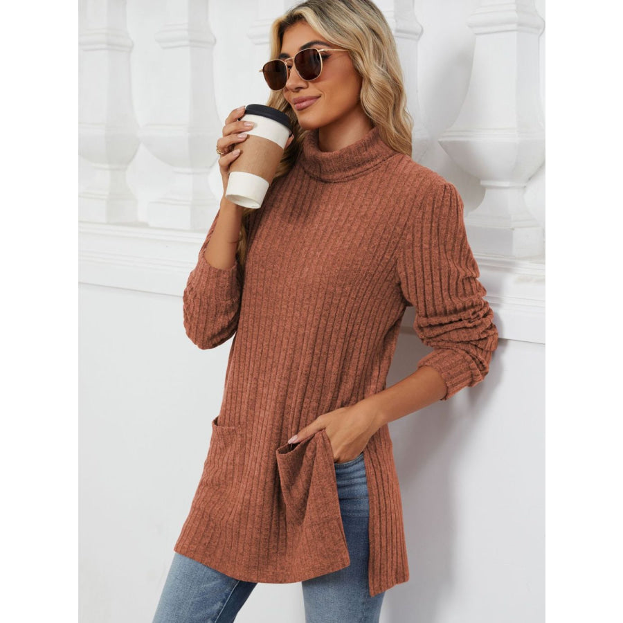 Slit Mock Neck Long Sleeve T-Shirt Ochre / S Apparel and Accessories