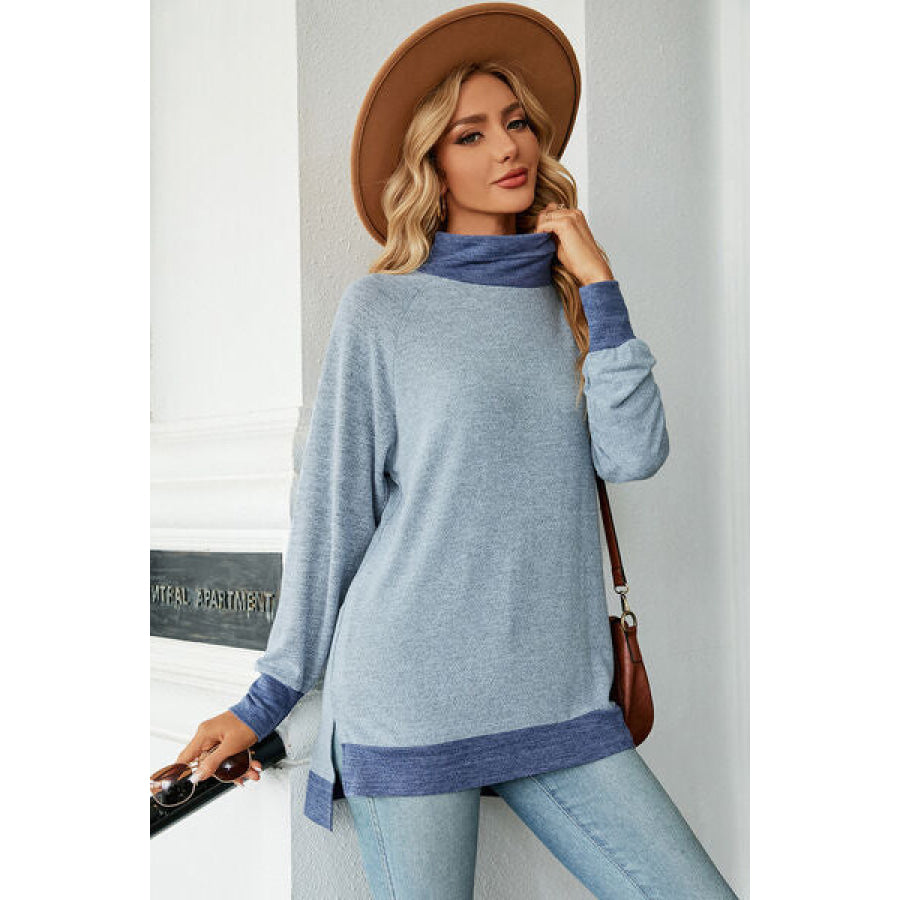 Slit Mock Neck Long Sleeve T - Shirt Pastel Blue / S Apparel and Accessories